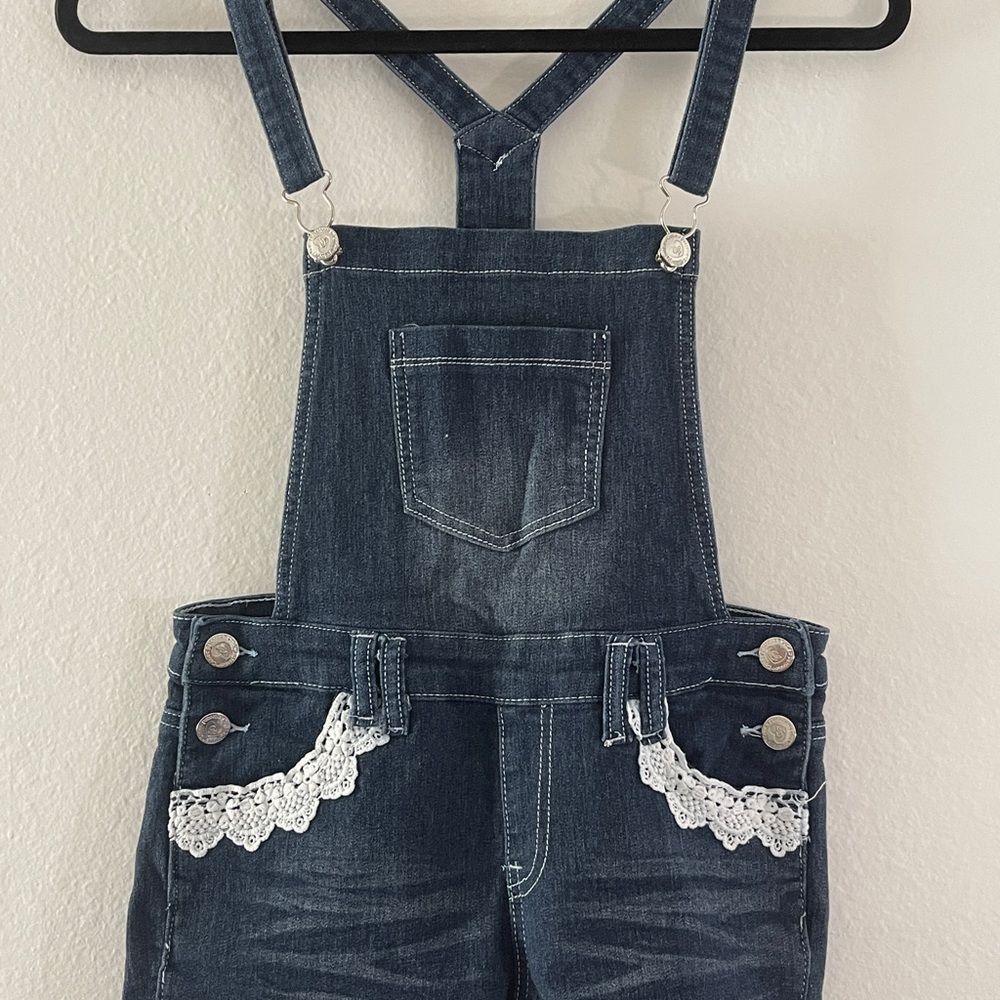 Cutie Patootie Denim Kids Overalls with Lace Trim